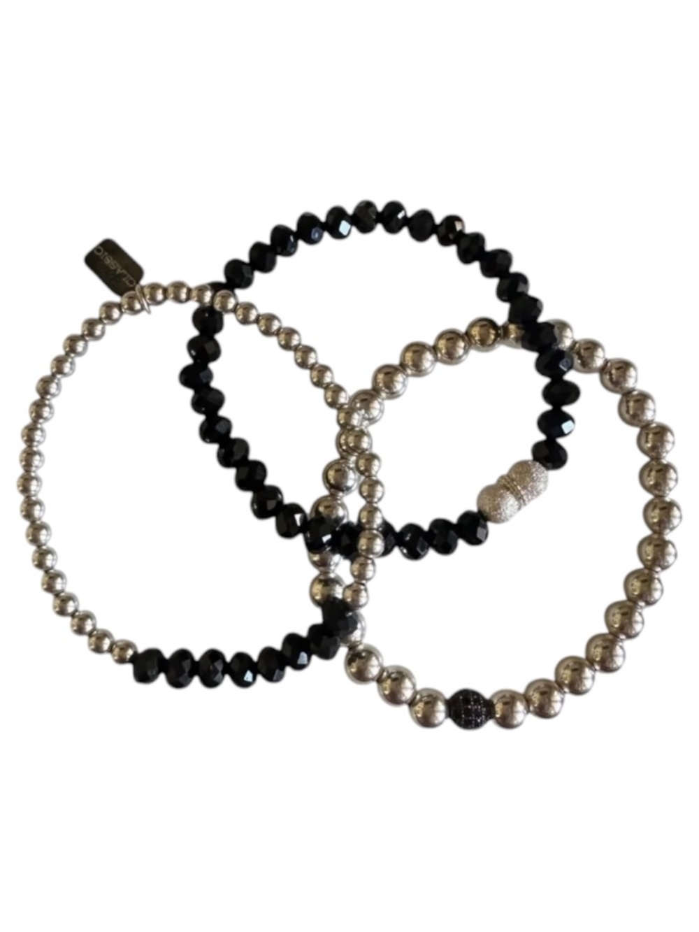 Classic Sterling Silver Black Swarovski Crystal 3 Stretch Bracelet Set NEW